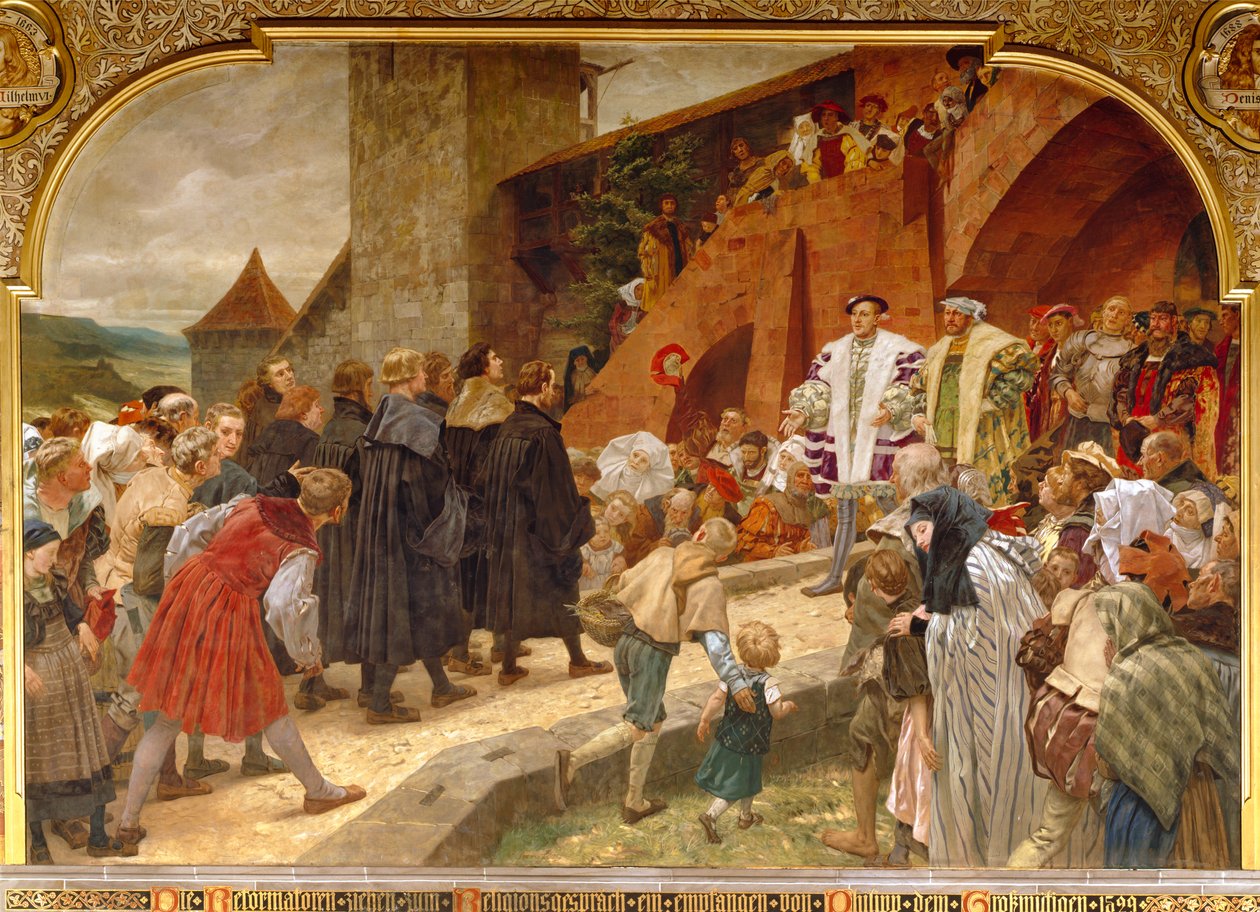Filip den Storsindede byder reformatorerne velkommen til en religiøs debat i 1529, 1903 af Peter Johann Theodor Janssen