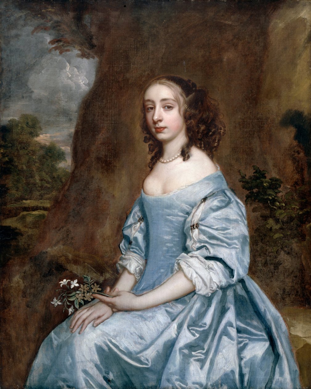 Portræt af en dame i blå, der holder en blomst af Peter Lely
