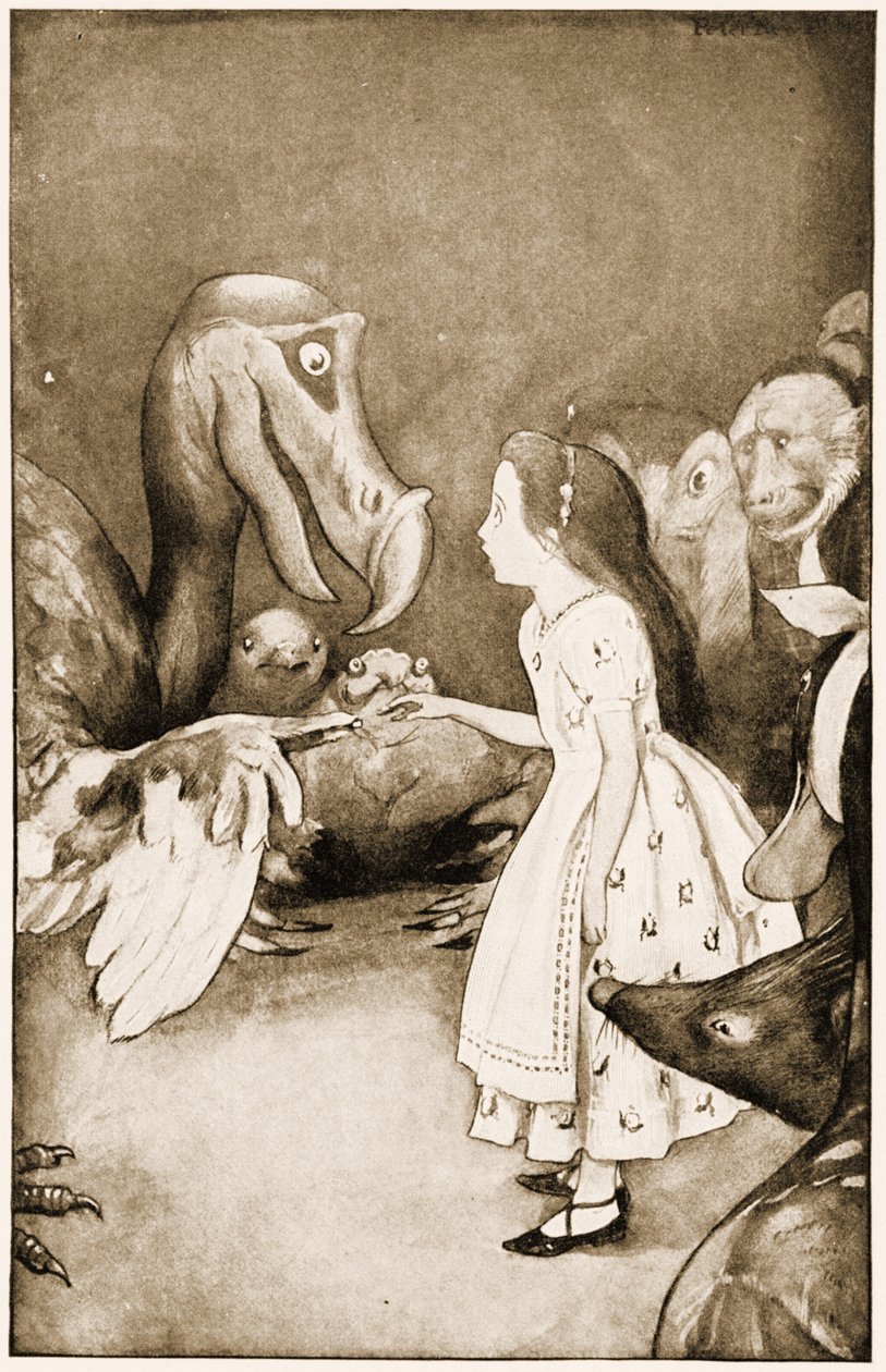 "The Dodo præsenterede højtideligt fingerbølet", illustration til Lewis Carrolls Alice
