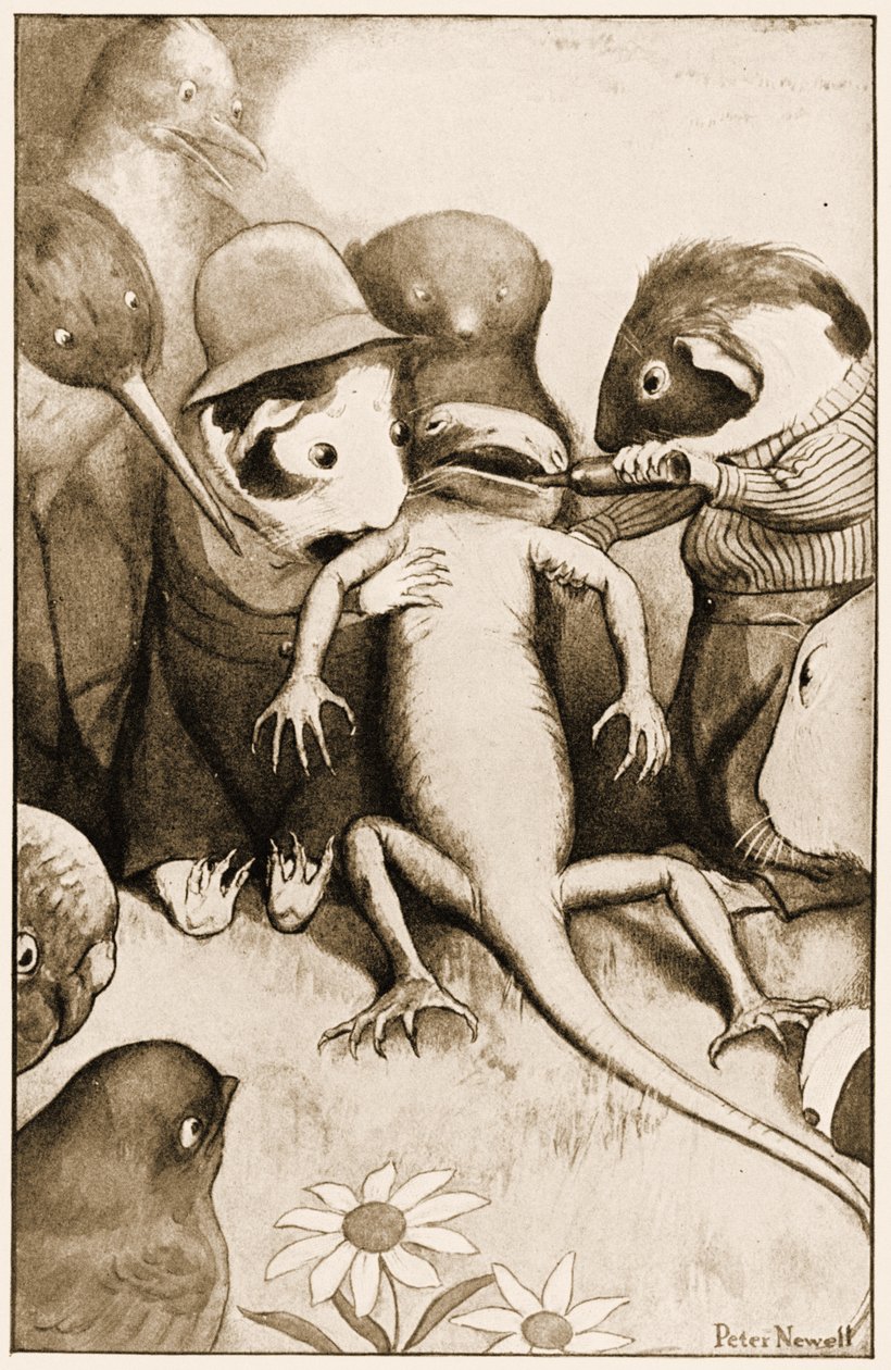 Den stakkels lille firben Bill blev holdt op i midten, illustration til Lewis Carrolls Alices Adventures in Wonderland, 1901 af Peter Newell