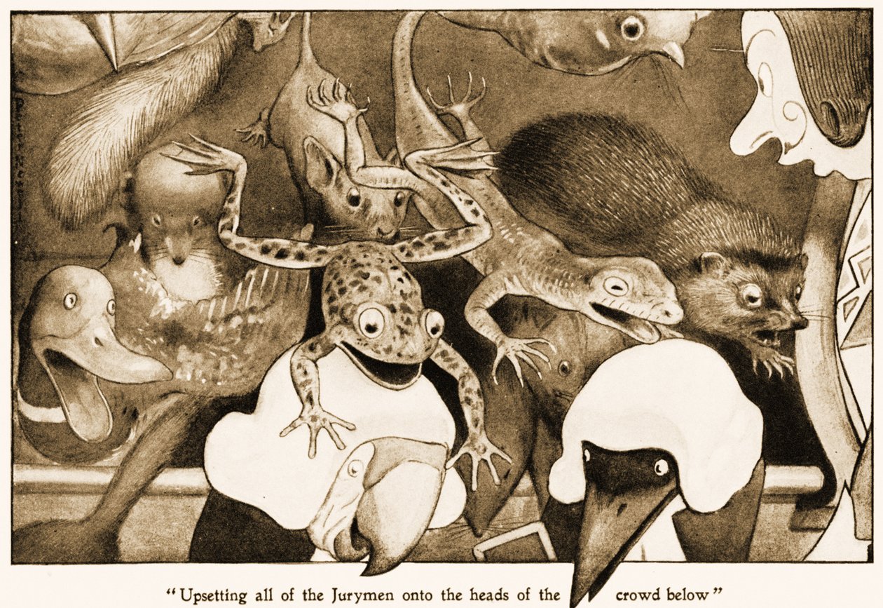 Forstyrrede alle jurymændene på hovedet af mængden nedenfor, illustration til Lewis Carrolls Alices Adventures in Wonderland, 1901 af Peter Newell