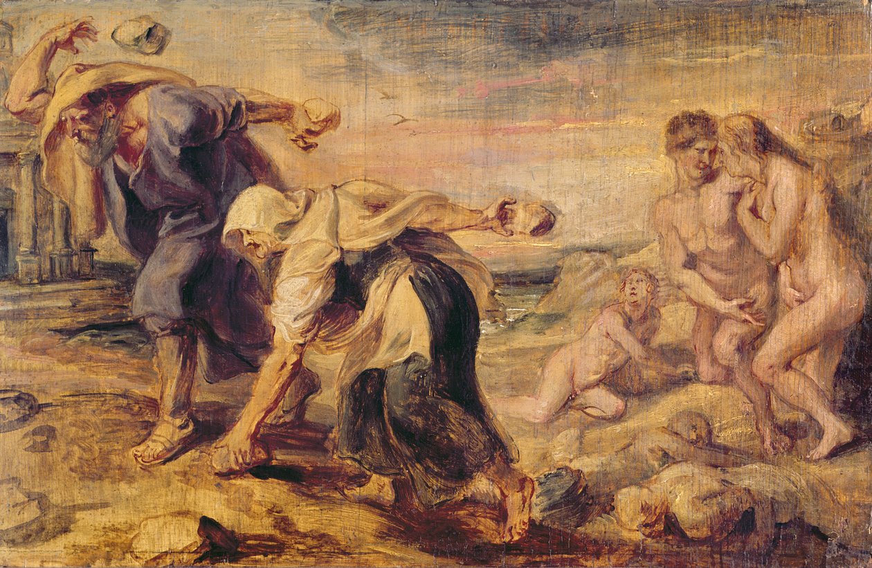 Deucalion og Pyrrha gentager verden ved at kaste sten bag dem, ca. 1636 af Peter Paul Rubens