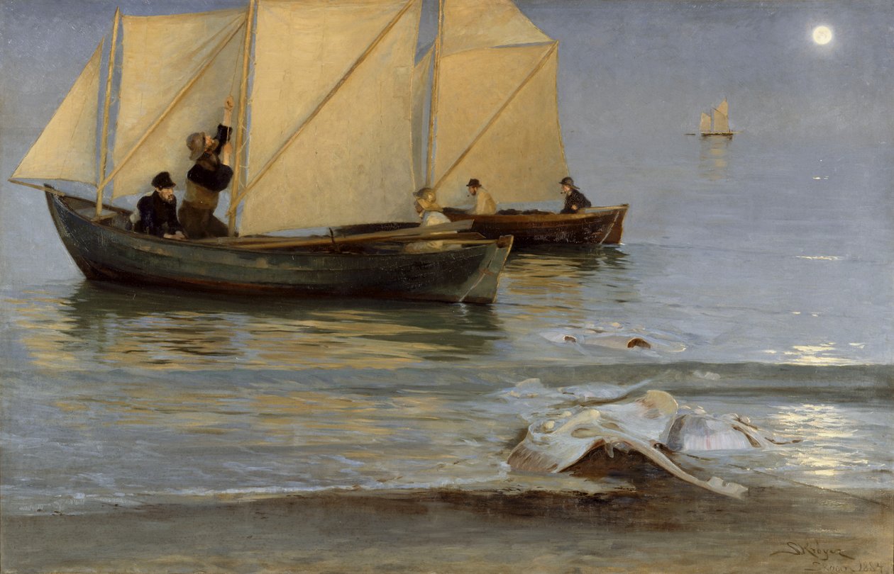 Skagboere går ud på nattefiskeri. Sildig Sommeraften. af Peder Severin Krøyer