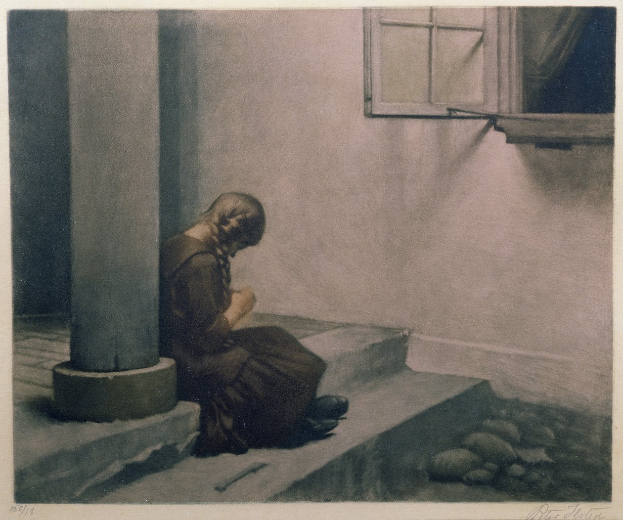 Pige siddende på trappen (farvet mezzotint) af Peter Vilhelm Ilsted