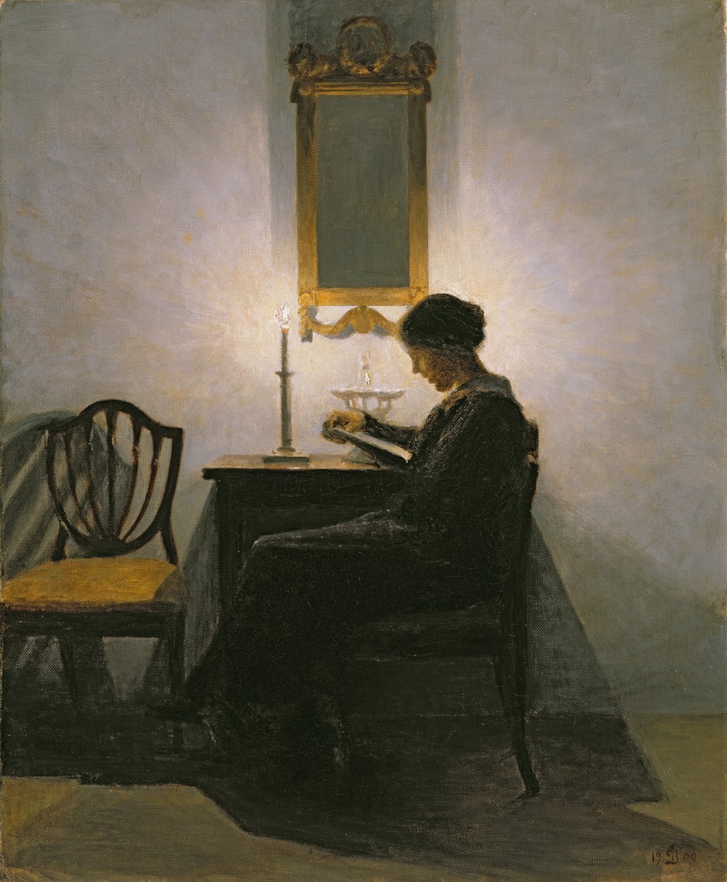 Kvinde, der læser ved stearinlys, 1908 af Peter Vilhelm Ilsted