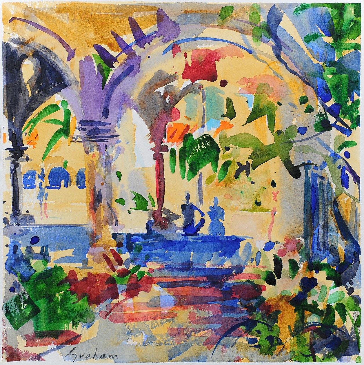 Stanford Cloisters, Californien, 2022 (akvarel) af Peter Graham