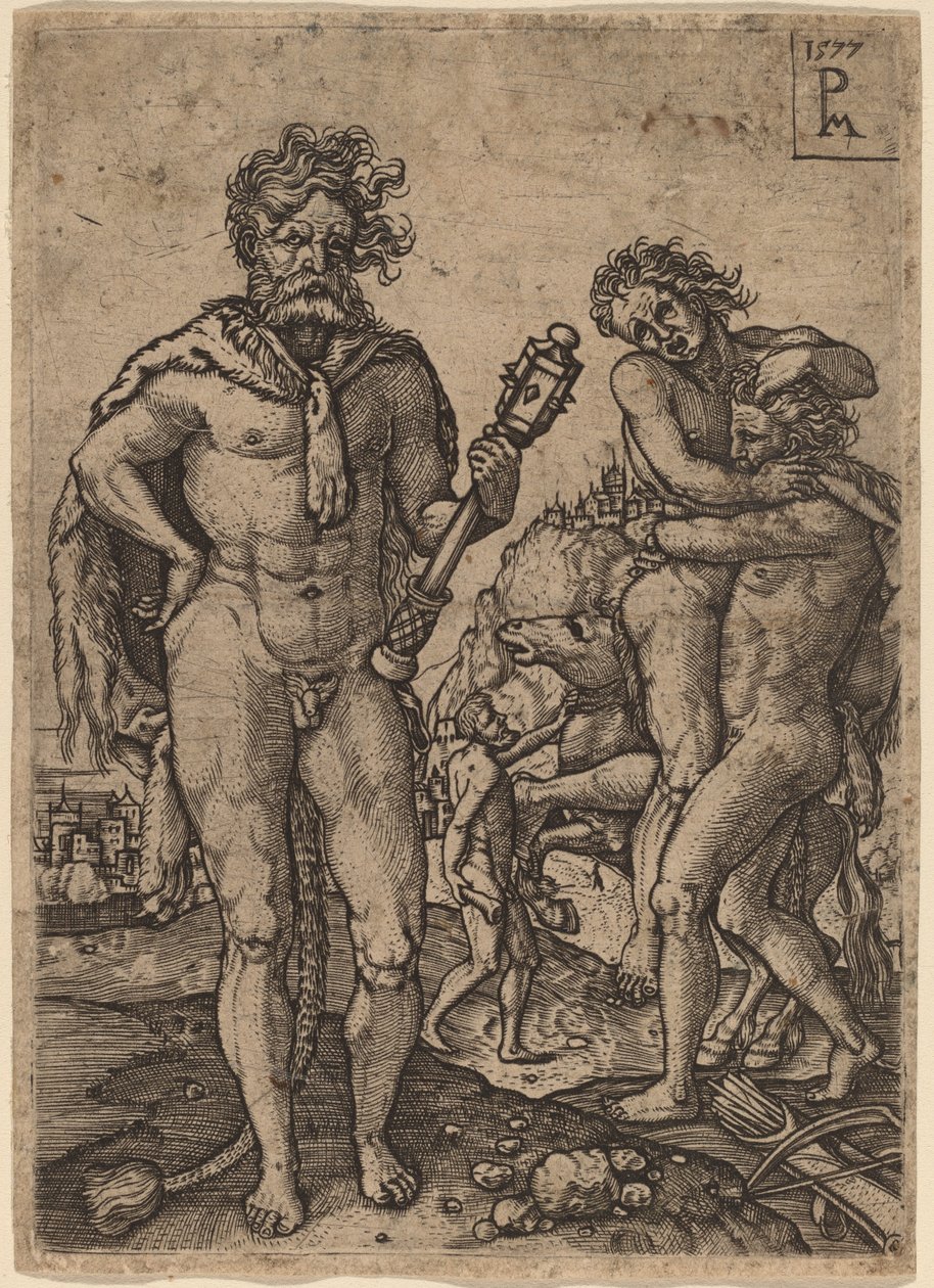 Hercules og Antaeus af Peter Maes after Heinrich Aldegrever