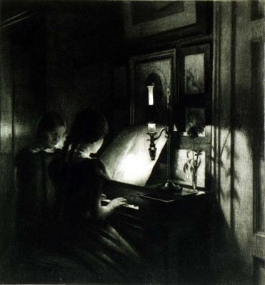 Pigerne ved klaveret (mezzotint) af Peter Vilhelm Ilsted