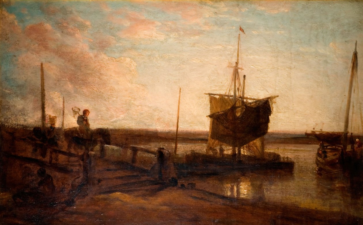 Anløbsbro med både, 1800-50. af Peter de Wint