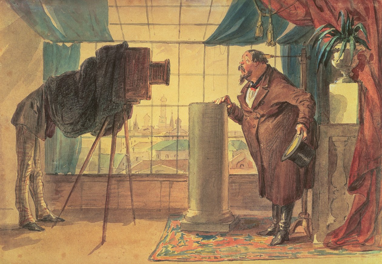 A Businessman at the Photographers Studio, 1860 (wc) af Petr Mikhailovich Shmelkov