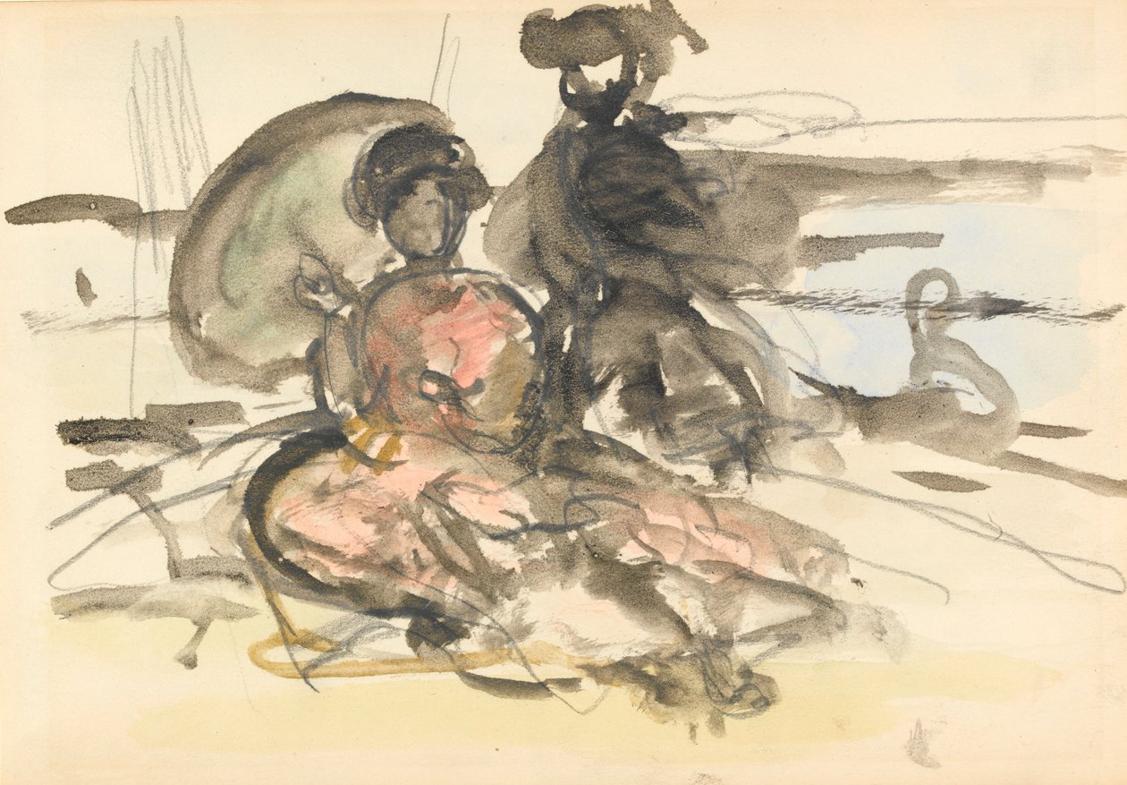 Figurstudie: to kvinder siddende på en flodbred (grafit og wc på papir) af Philip Wilson Steer