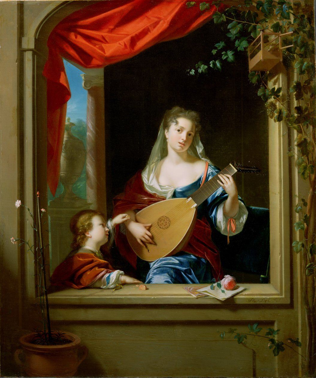 Elegant dame spiller lut ved et vindue (panel) af Philip van Dyck