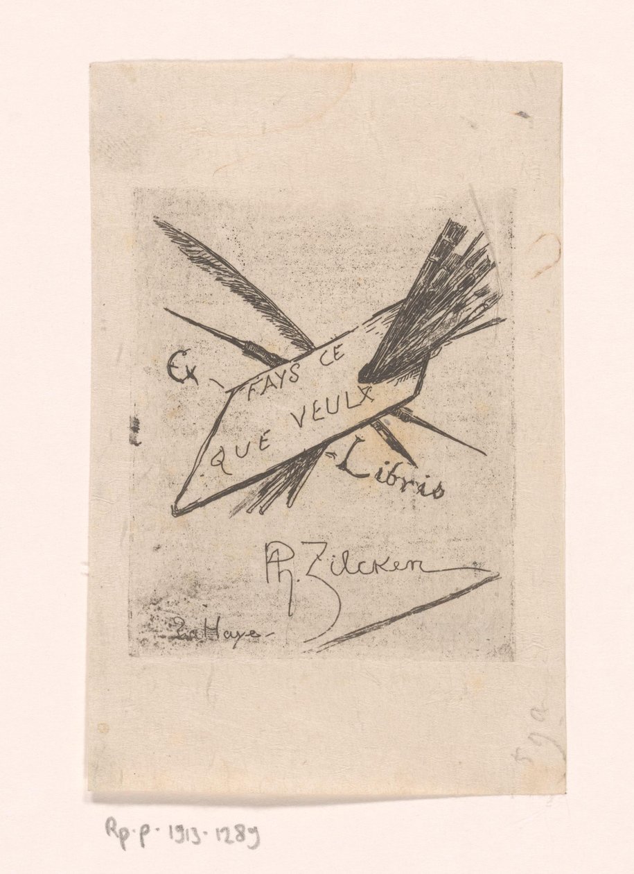 Ex libris med kuglepenne, pensler og palet af Philip Zilcken