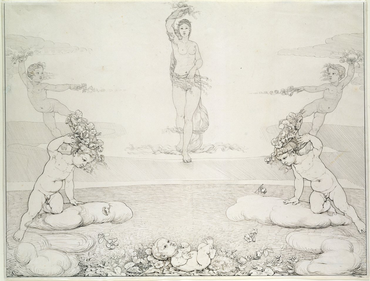 Morgen, 1807-08 (blyant og vask på papir) af Philipp Otto Runge