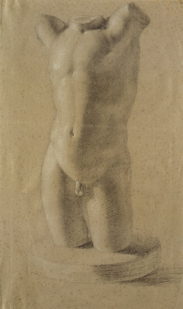 Torso of a Young Man på rund sokkel, 1800 (sort og hvidt kridt på gråt papir) af Philipp Otto Runge