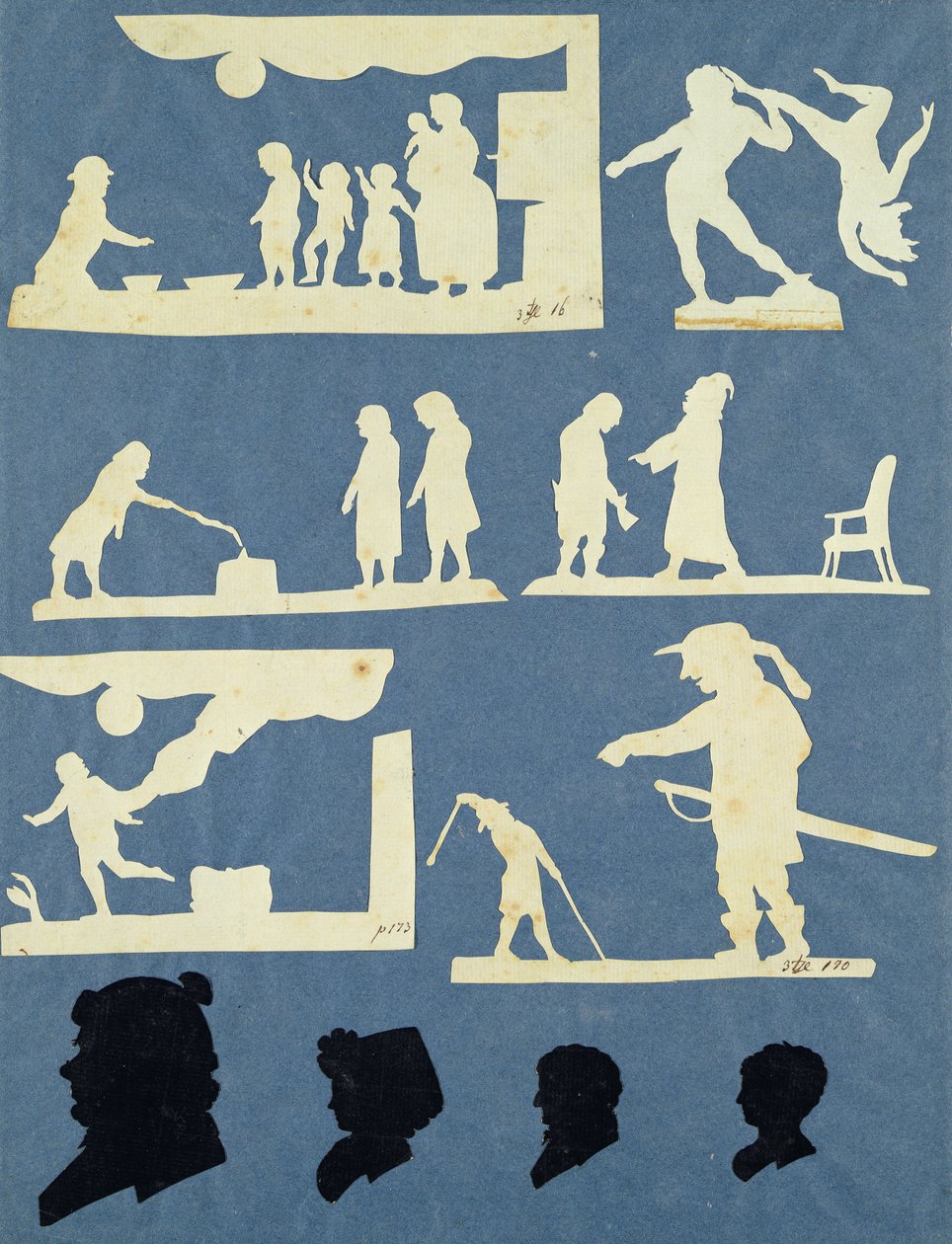 Forskellige scener, David og Goliat og fire profiler (collage på papir) af Philipp Otto Runge