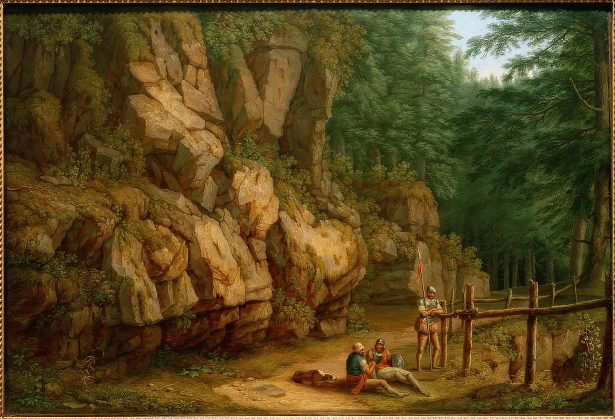 Hackert, klippelandskab med soldater (Masso del Diavolo) af Philipp Hackert