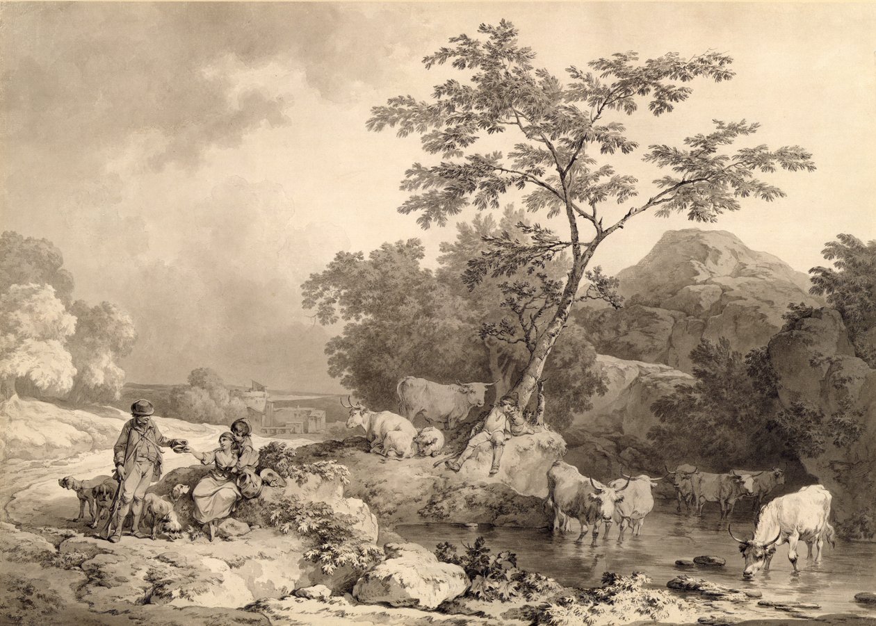Figurer ved et vandløb med kvægvanding (grå skyller over blyant på lagt papir) af Philippe Jacques de Loutherbourg