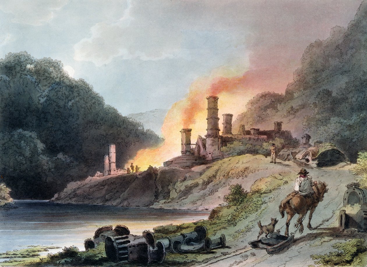 Iron Works, Coalbrookdale, graveret af William Pickett, ca. 1805 (farvet akvatint) af Philippe Jacques de Loutherbourg