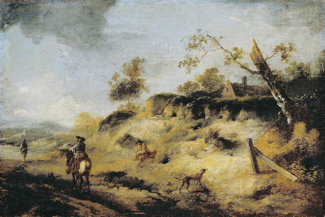 Sandbank med rejsende af Philips Wouwerman