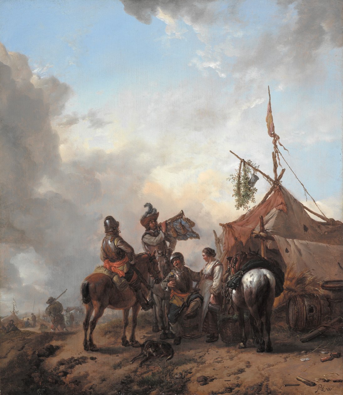 Soldater karuserer med en tjenende kvinde uden for et telt, ca. 1655 (olie på egetræspanel) af Philips Wouwerman