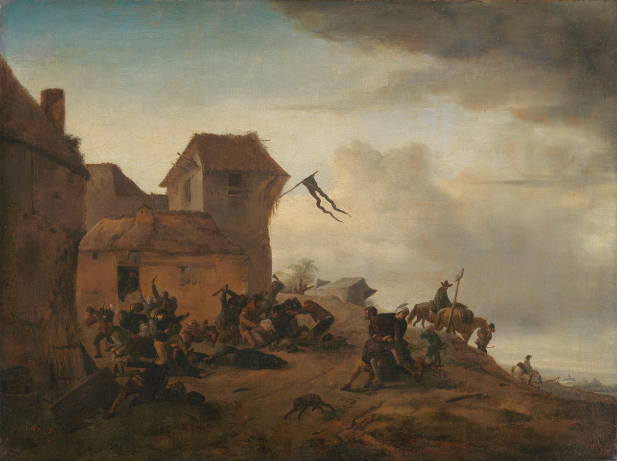 Bønder kæmper nær en landsby af Philips Wouwerman