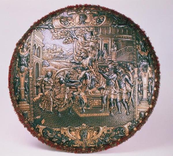 Paradeskjold, 1570-80 (stål med guld- og sølvindlæg) af Piccinino workshop