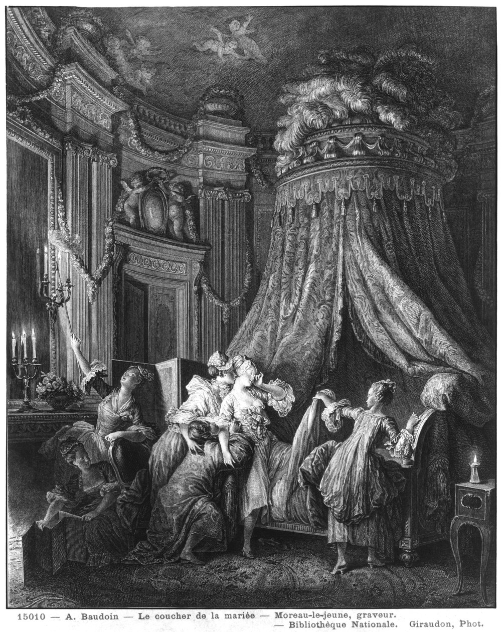 Brudens ceremoni for at gå i seng, indgraveret fra Jean-Michel Moreau, sagde den unge (1741-1814) af Pierre Antoine Baudouin