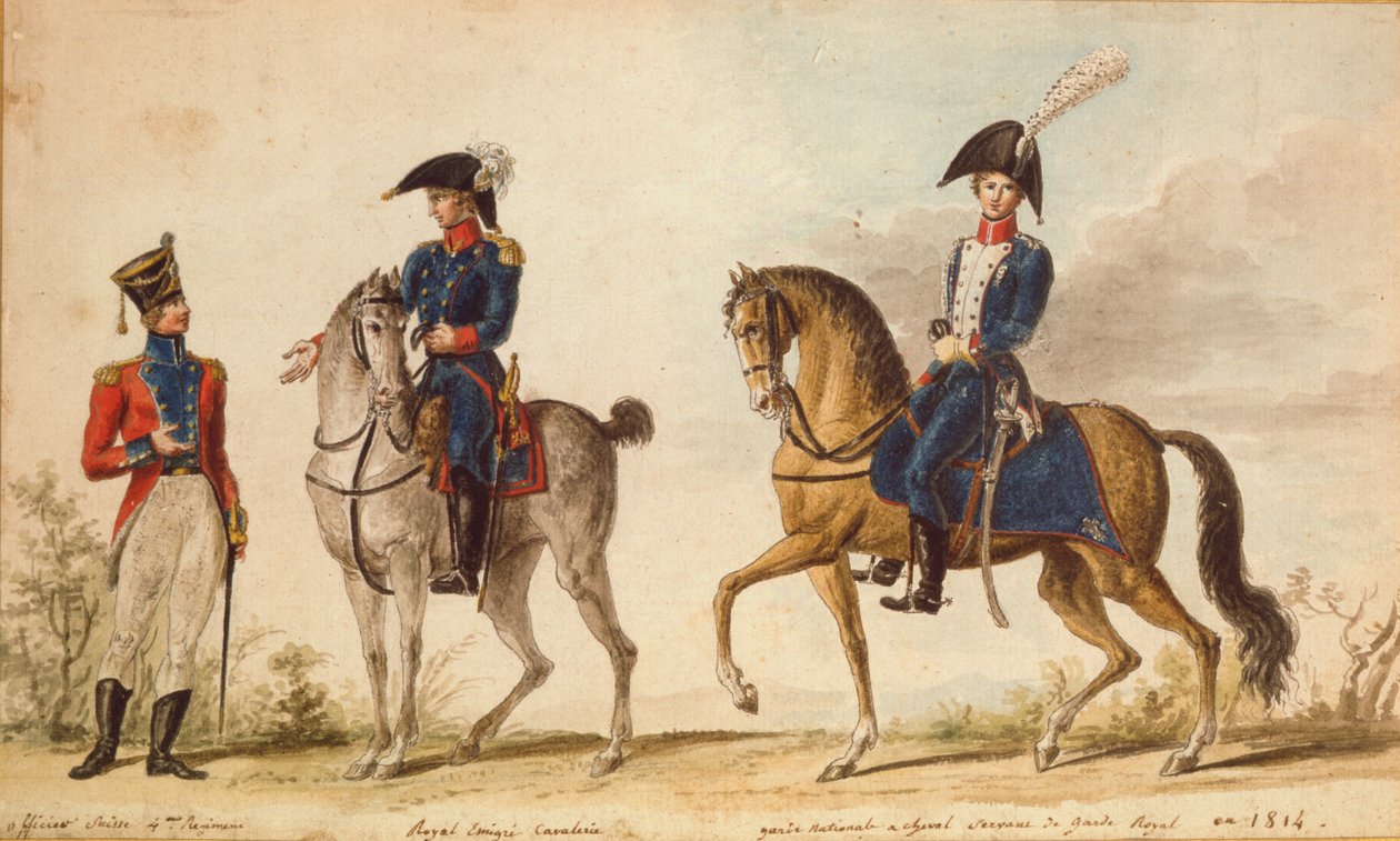 Schweizisk officer fra 4. regiment, rytter fra Royal Emigre Cavalry og bereden nationalgarde, 1814 (gouache) af Pierre Antoine Lesueur