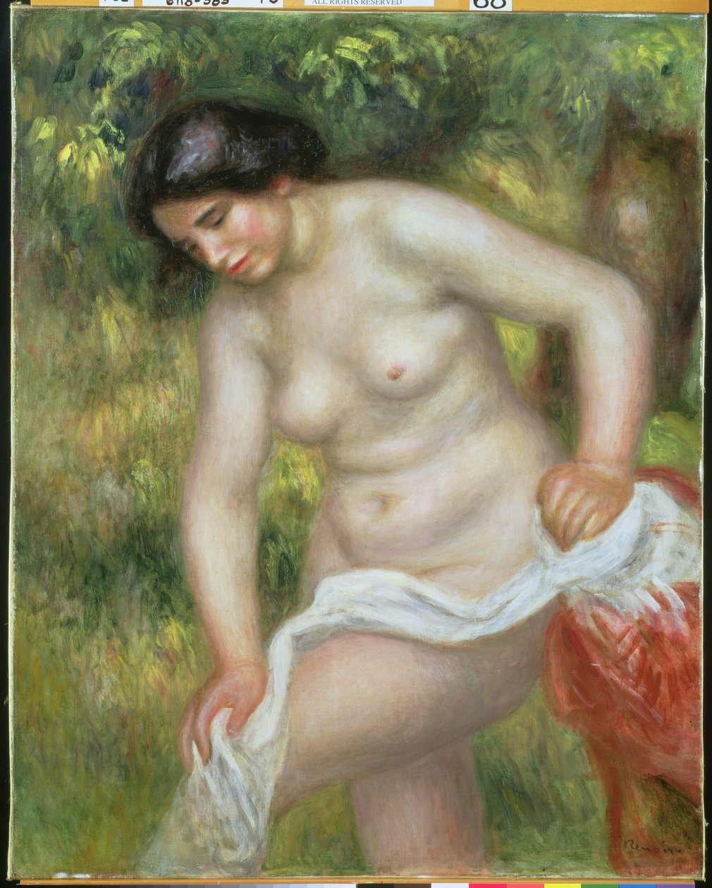 Baderen tørrer sig selv med en hvid klud af Pierre Auguste Renoir