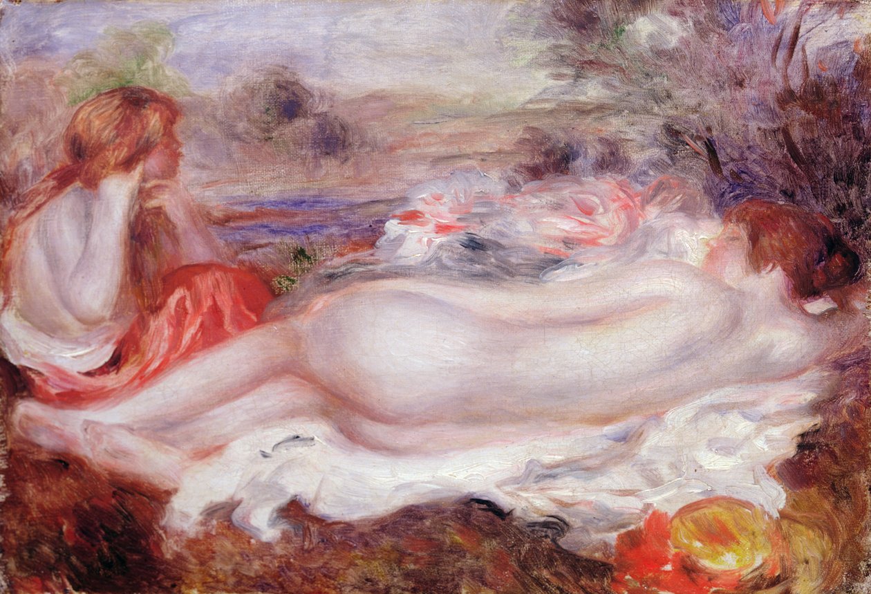 Badende tilbagelænet og en ung pige, der laver sit hår, 1896 af Pierre Auguste Renoir