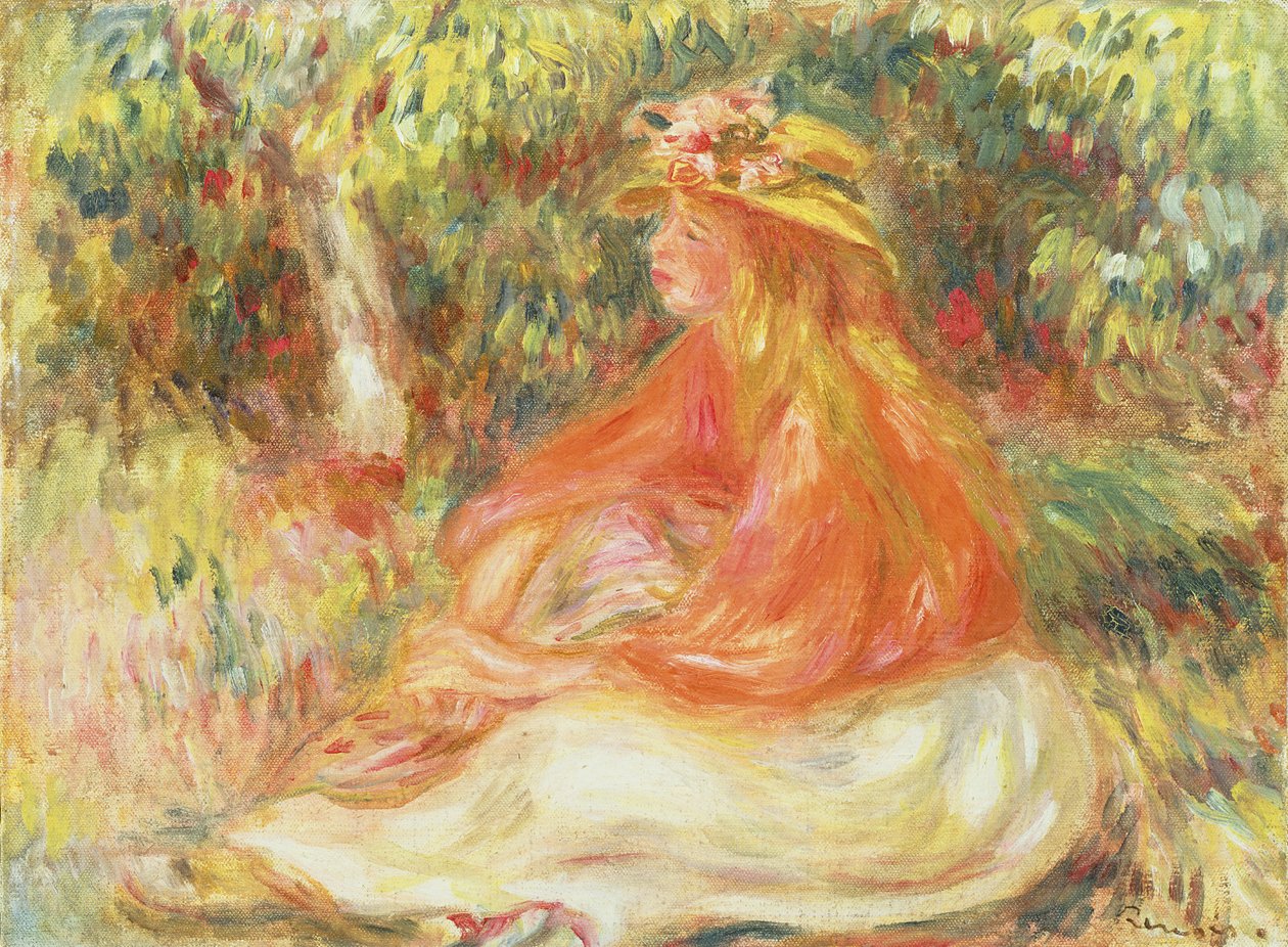 Pige siddende i et landskab af Pierre Auguste Renoir