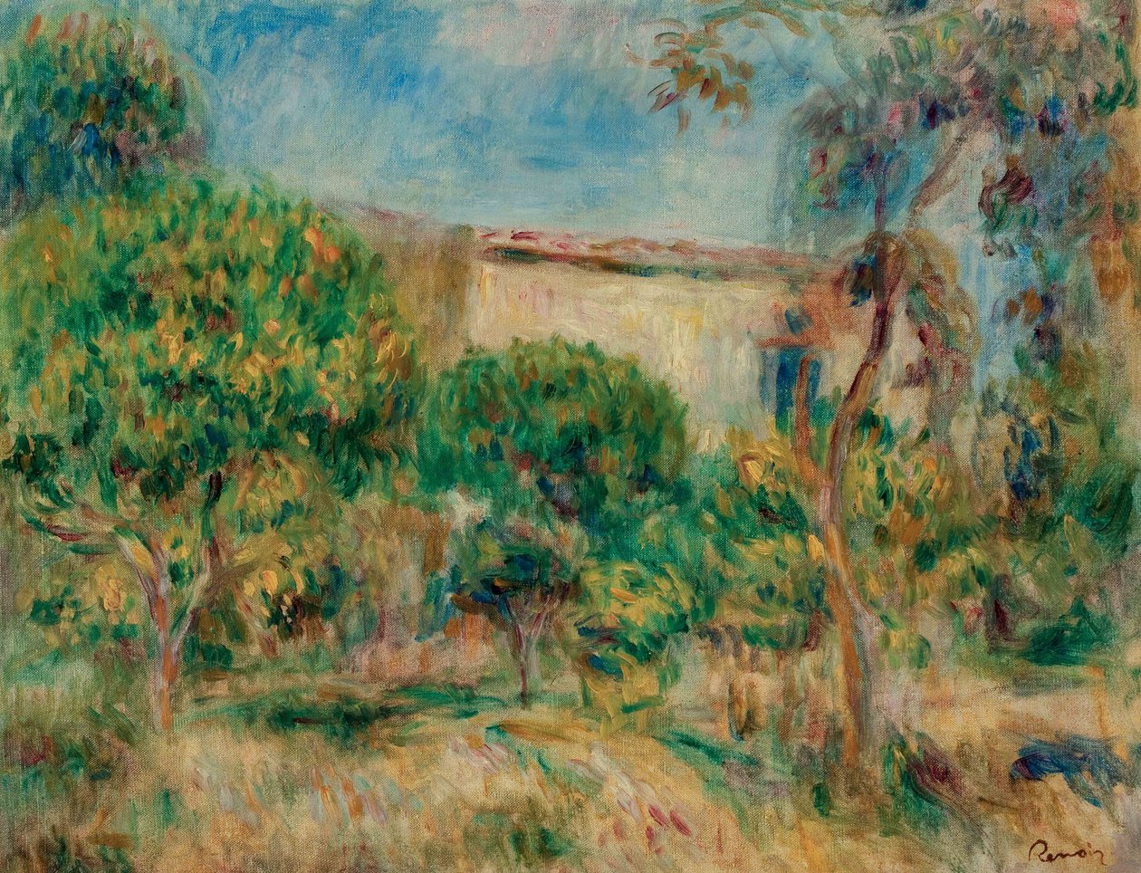 Landskab, huset set fra gården af Pierre Auguste Renoir