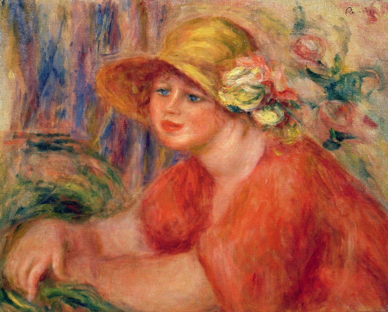 Portræt af en kvinde med en hat dekoreret med blomster af Pierre Auguste Renoir