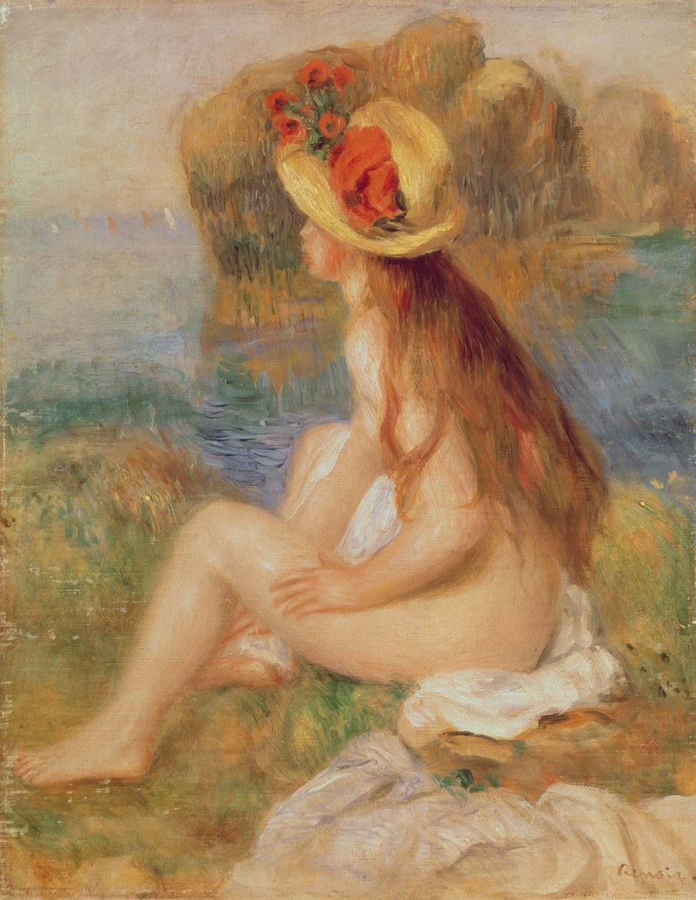 Siddende kvindelig badegæst i stråhat af Pierre Auguste Renoir