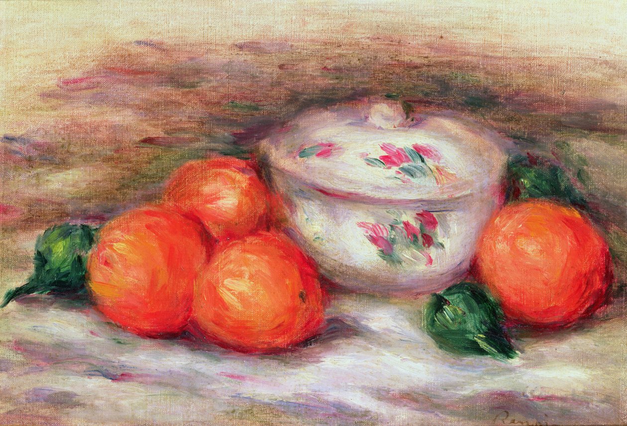 Stilleben med overdækket fad og appelsiner af Pierre Auguste Renoir