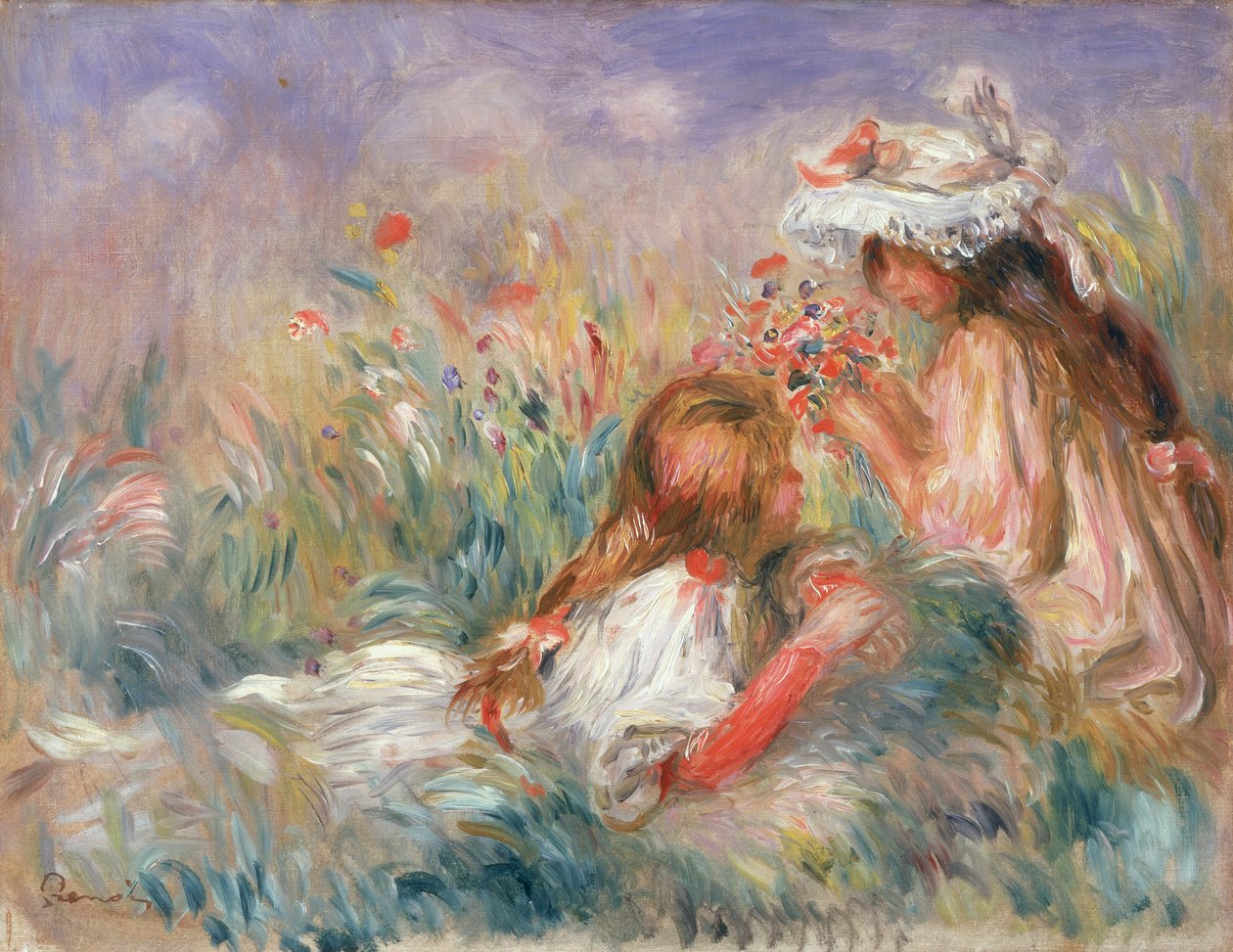 To børn siddende blandt blomster, 1900 af Pierre Auguste Renoir