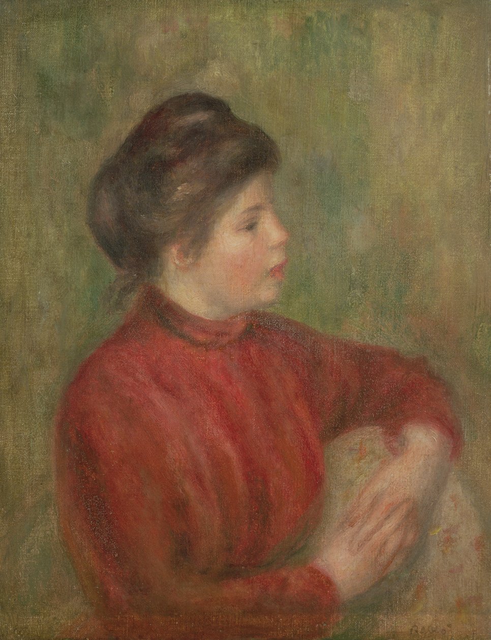 Kvinde læner hænderne på stolen, 1891 af Pierre Auguste Renoir