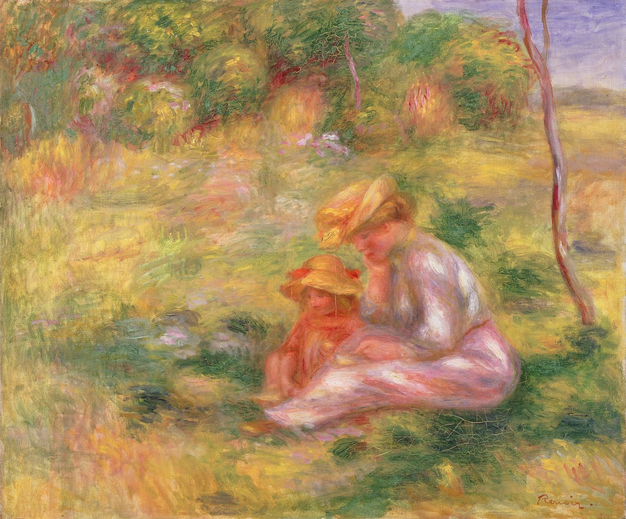 Kvinde og barn siddende på en mark, ca. 1898 af Pierre Auguste Renoir