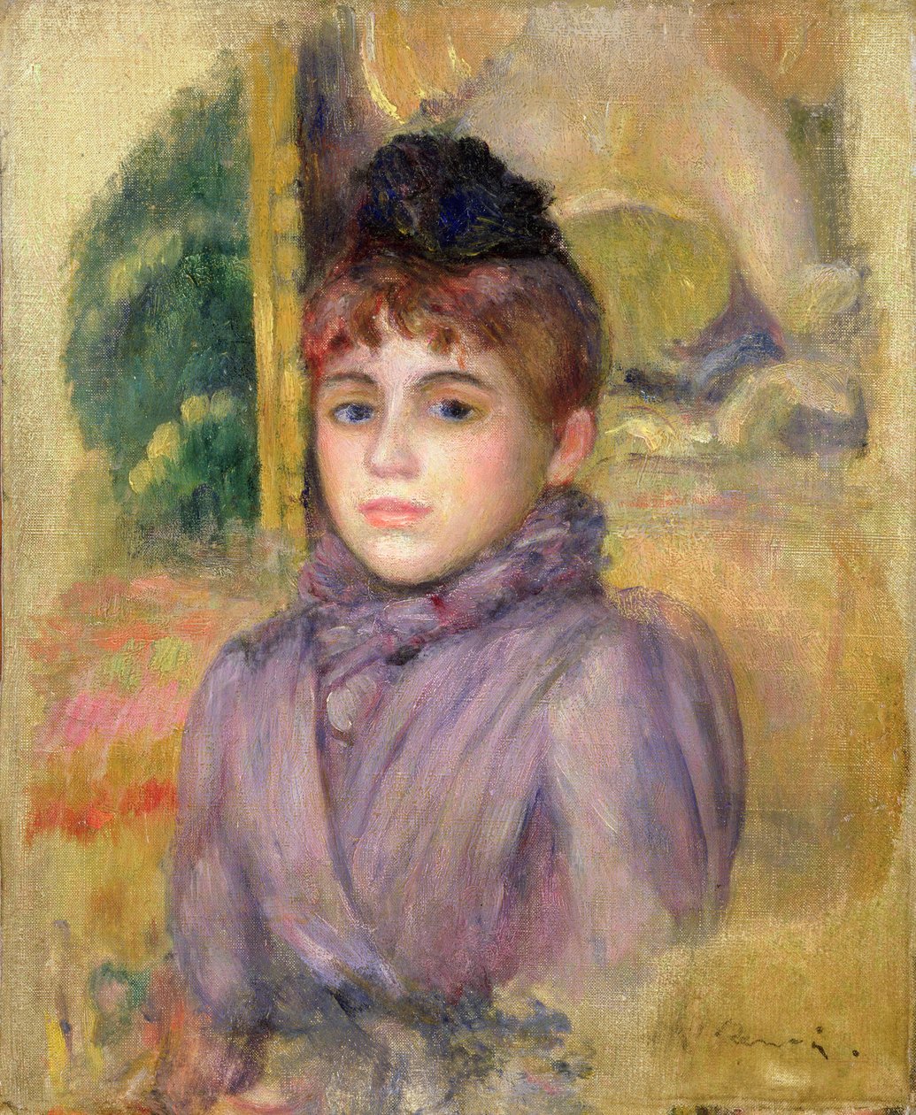 Kvinde i blåt med motorhjelm, ca. 1885 af Pierre Auguste Renoir