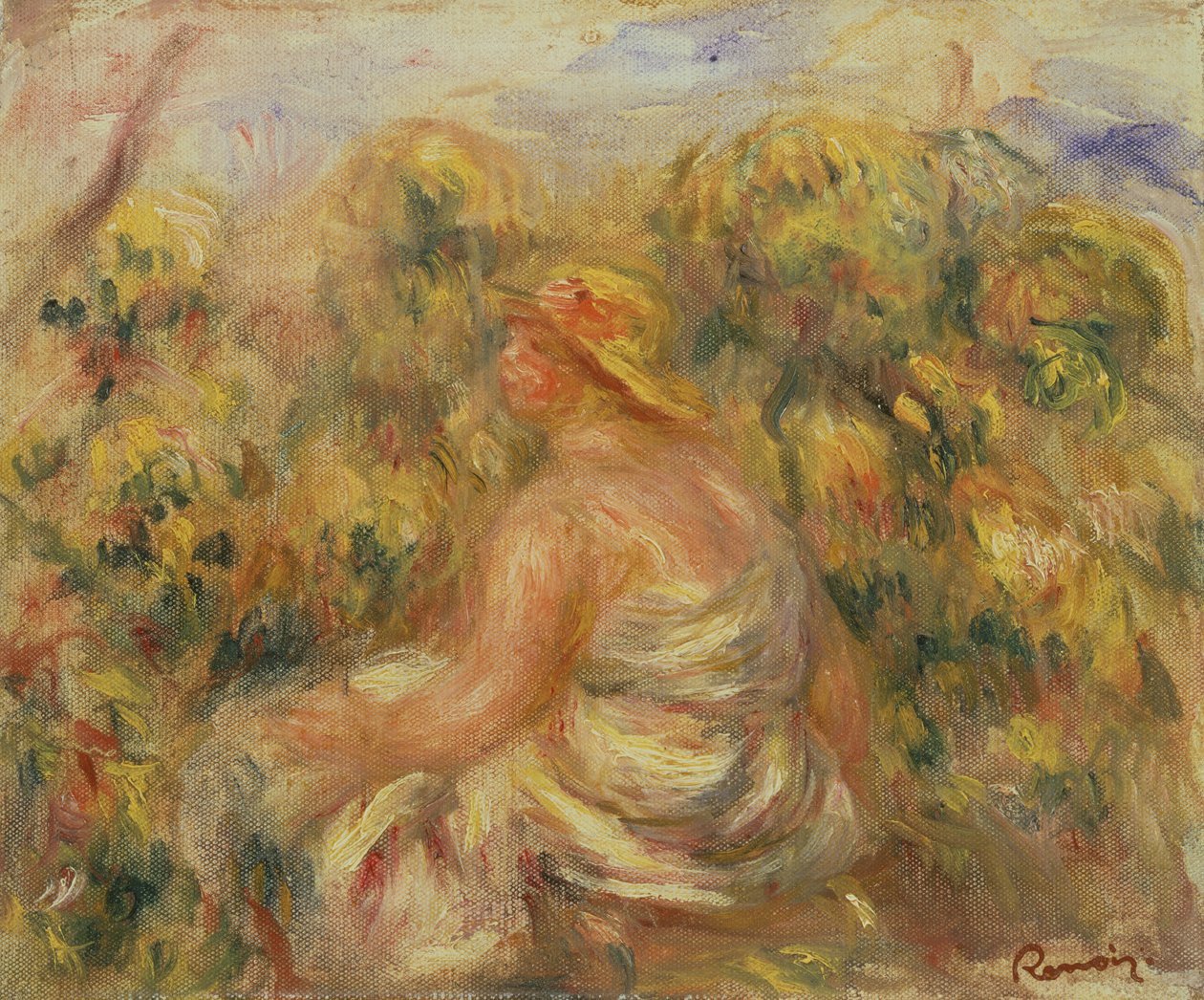 Kvinde med hat i et landskab c.1918 af Pierre Auguste Renoir