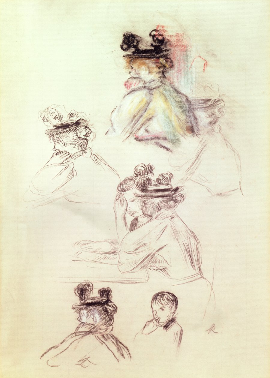 Arbejdsark med syv figurer (kul, blæk og pastel på papir) af Pierre Auguste Renoir