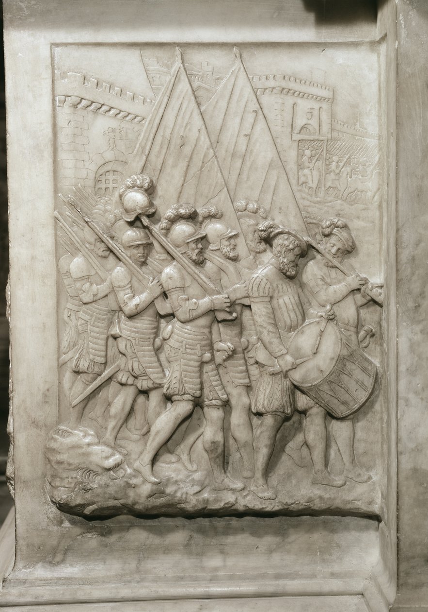 Graven af Francois I 1494-1547 og hans kone, Claude af Frankrig, detalje af soldater ledet af en trommeslager, bestilt i 1548 marmor af Pierre Bontemps