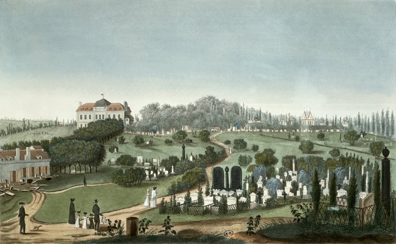 Udsigt over Pere Lachaise kirkegård fra indgangen, 1815 (farvegravering) af Pierre Courvoisier