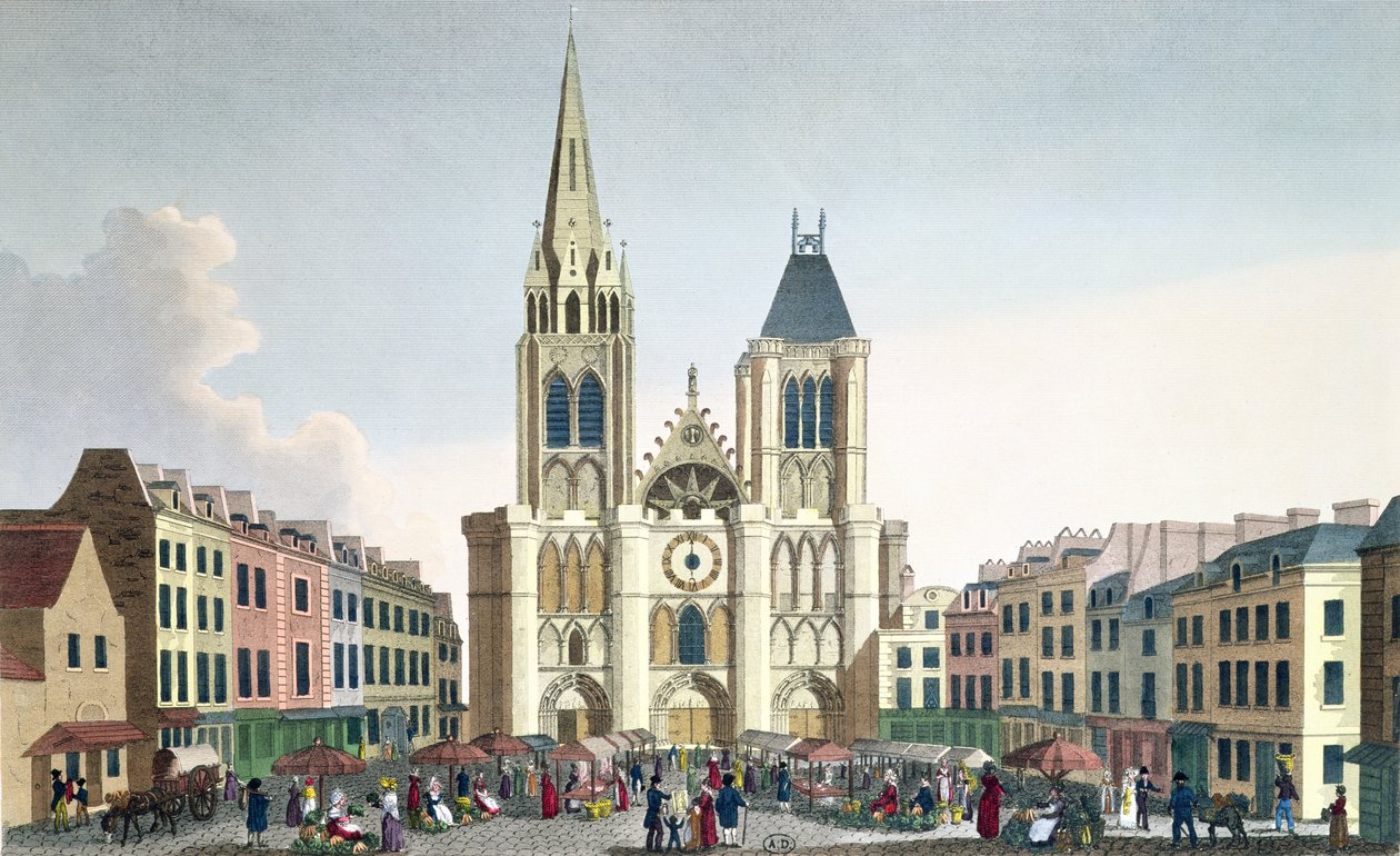 Udsigt over facaden af Saint-Denis-kirken nær Paris, ca. 1820 (farvegravering) af Pierre Courvoisier