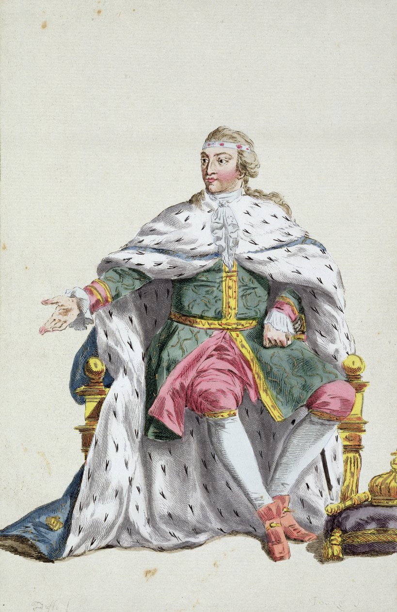 Karl XII (1682-1718), konge af Sverige fra "Receuil des Estampes, representant les Rangs et les Dignites, suivant le Costume de toutes les Nations existantes", udgivet i 1780 (håndkoloreret stik) af Pierre Duflos