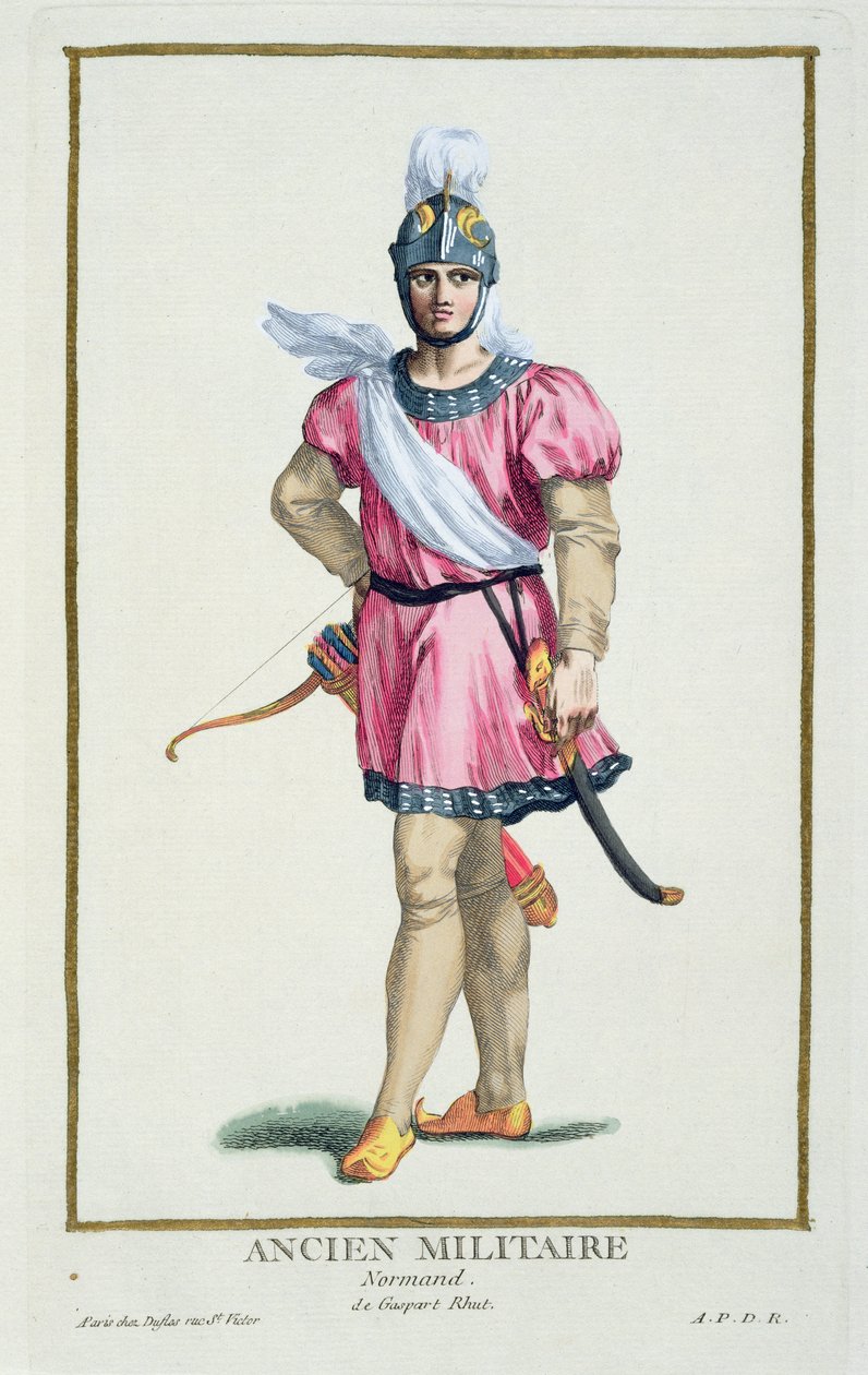 En normannisk soldats dragt fra "Receuil des Estampes, Representant les Rangs et les Dignites, suivant le Costume de toutes les Nations existantes", udgivet i 1780 (håndkoloreret stik) af Pierre Duflos
