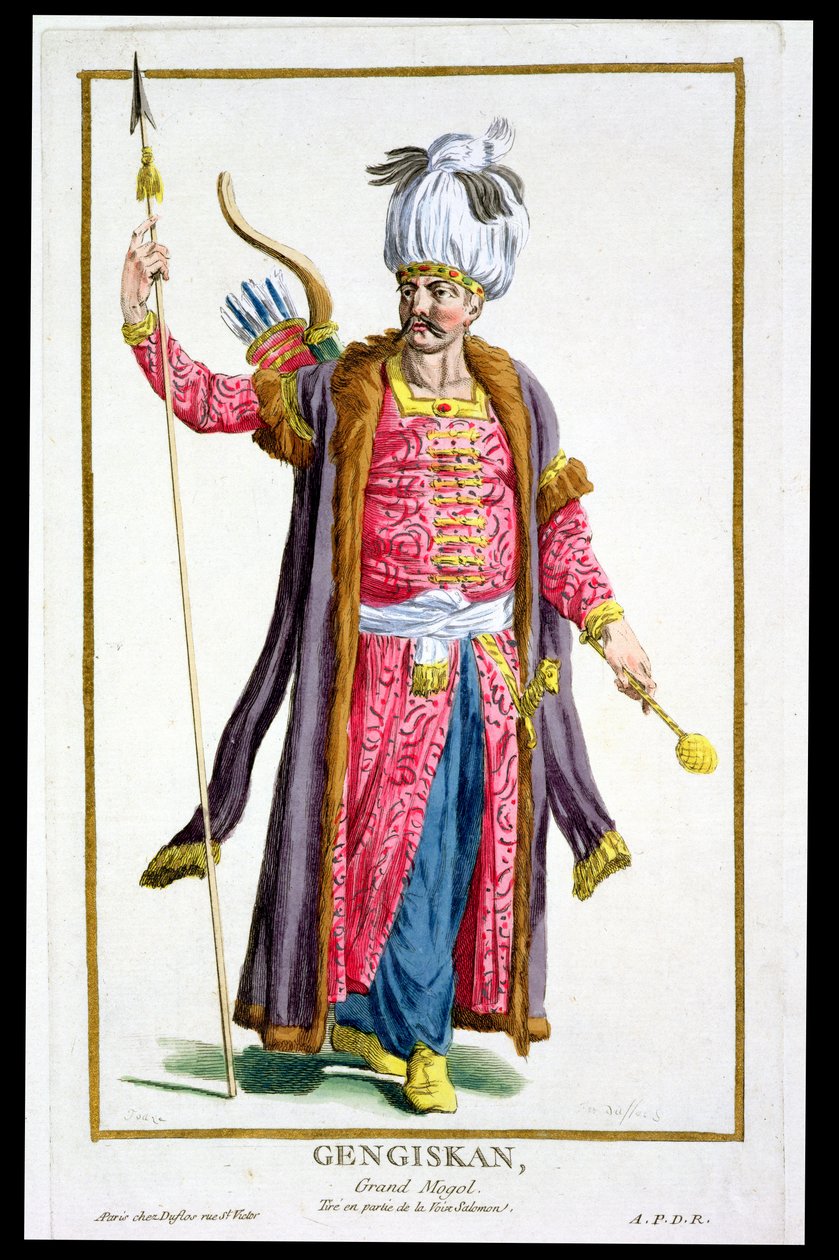 Djengis Khan (ca. 1162-1227) fra "Receuil des Estampes, representant les Rangs et les Dignites, suivant le Costume de toutes les Nations existantes", udgivet i 1780 (håndkoloreret stik) af Pierre Duflos