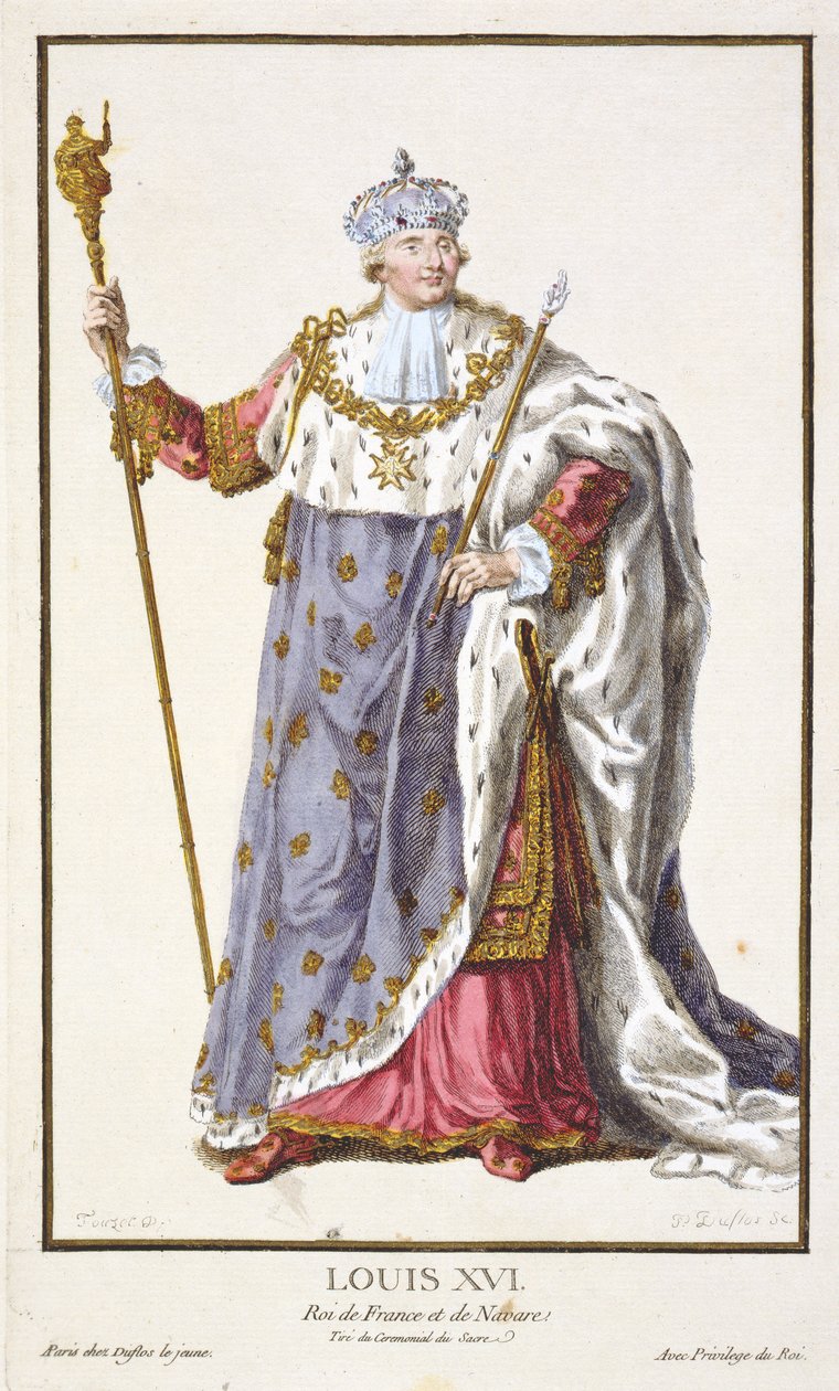Ludvig XVI (1754-93), konge af Frankrig (1774-92) fra "Receuil des Estampes, representant les Rangs et les Dignites, suivant le Costume de toutes les Nations existantes", udgivet 1780 (håndkoloreret eng af Pierre Duflos