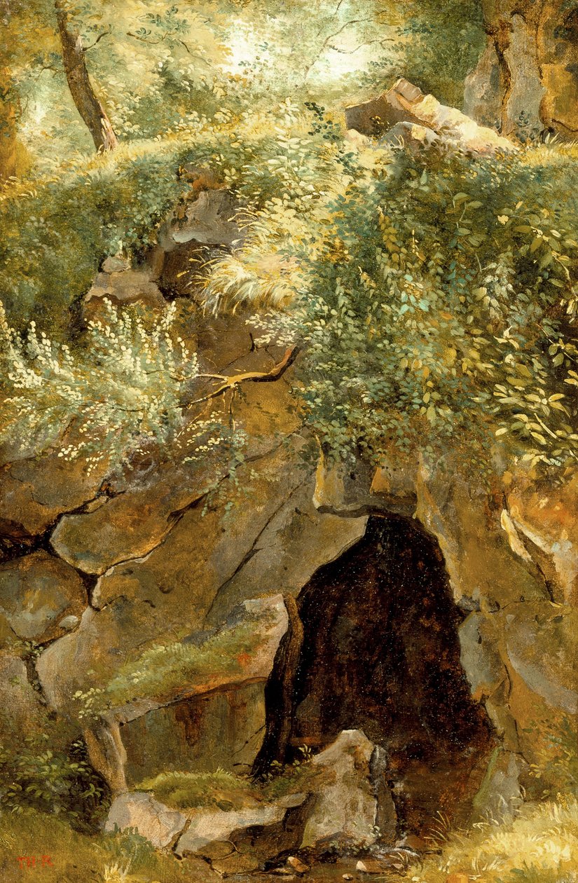 The Cave, 1828-30 (olie på papir monteret på lærred) af Pierre Etienne Theodore Rousseau